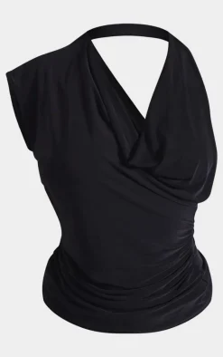 Petite Black Slinky Cowl Neck Open Back Long Top