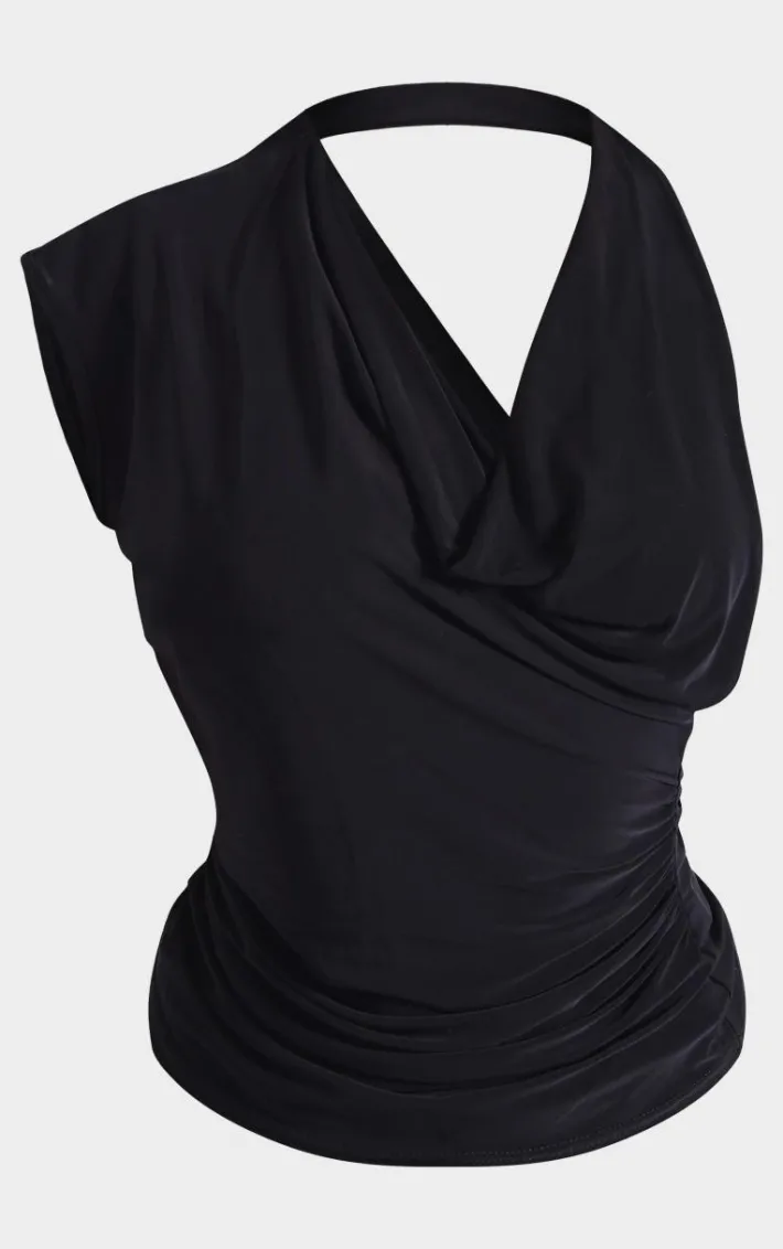 Petite Black Slinky Cowl Neck Open Back Long Top