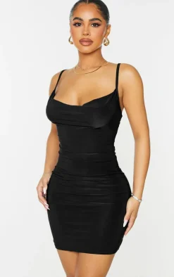 Petite Black Slinky Cowl Neck Bodycon Dress
