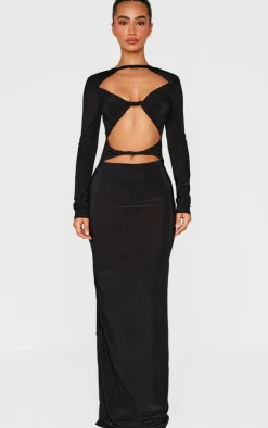 Petite Black Slinky Cut Out Long Sleeve Maxi Dress