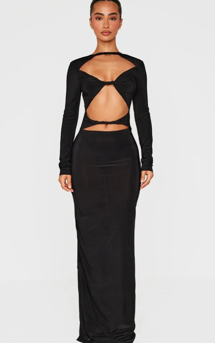 Petite Black Slinky Cut Out Long Sleeve Maxi Dress