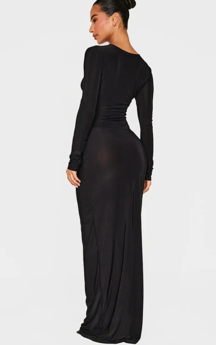 Petite Black Slinky Cut Out Long Sleeve Maxi Dress