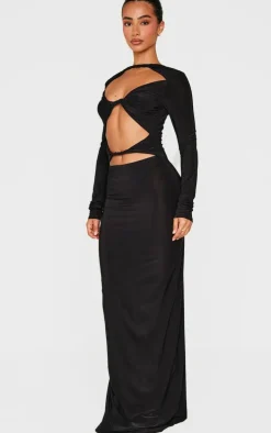 Petite Black Slinky Cut Out Long Sleeve Maxi Dress