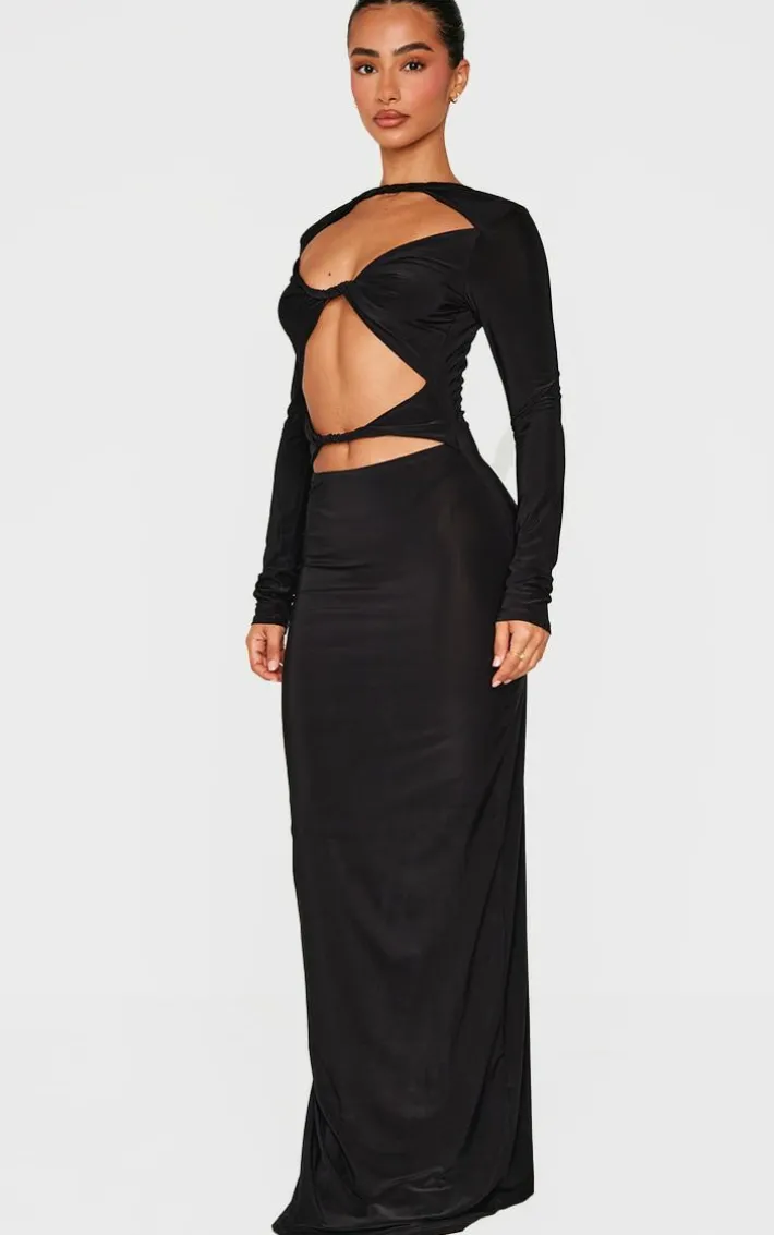Petite Black Slinky Cut Out Long Sleeve Maxi Dress