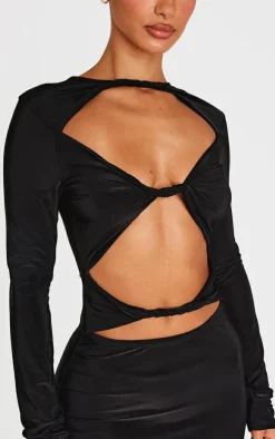 Petite Black Slinky Cut Out Long Sleeve Maxi Dress