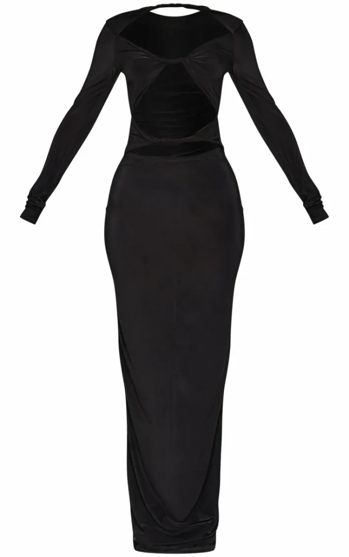 Petite Black Slinky Cut Out Long Sleeve Maxi Dress