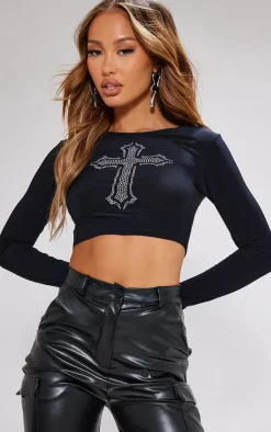 Petite Black Slinky Diamante Cross Crop Top
