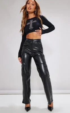 Petite Black Slinky Diamante Cross Crop Top