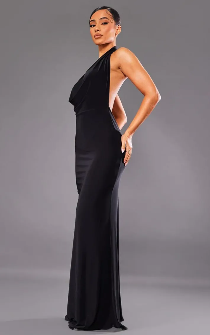 Petite Black Slinky Extreme Cowl Backless Midaxi Dress