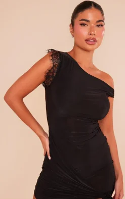 Petite Black Slinky Lace Detail Ruched Mini Dress