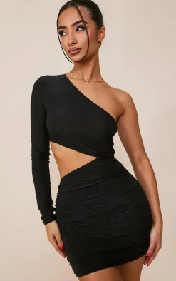 Petite Black Slinky One Shoulder Waist Cut Out Ruched Bodycon Dress
