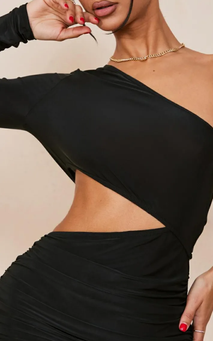 Petite Black Slinky One Shoulder Waist Cut Out Ruched Bodycon Dress