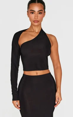 Petite Black Slinky One Shoulder Crop Top