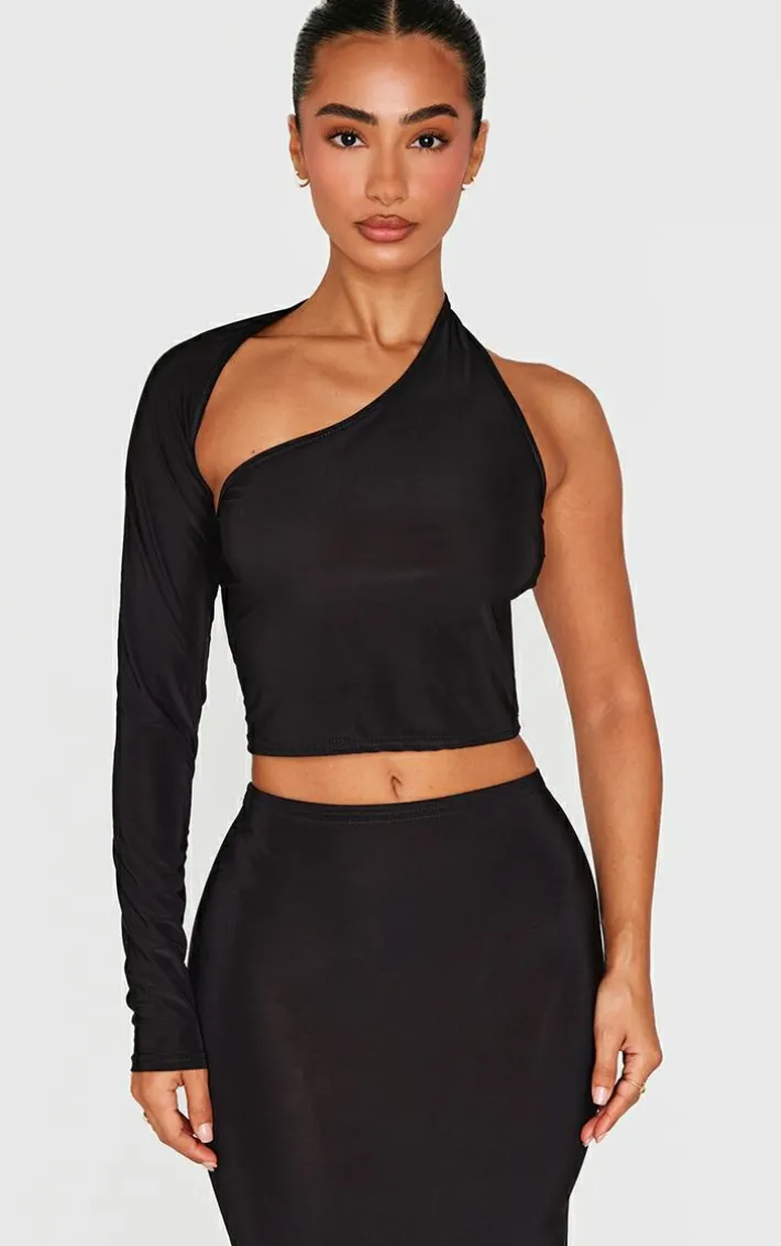 Petite Black Slinky One Shoulder Crop Top