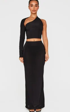 Petite Black Slinky One Shoulder Crop Top