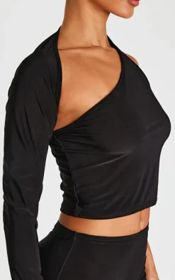 Petite Black Slinky One Shoulder Crop Top