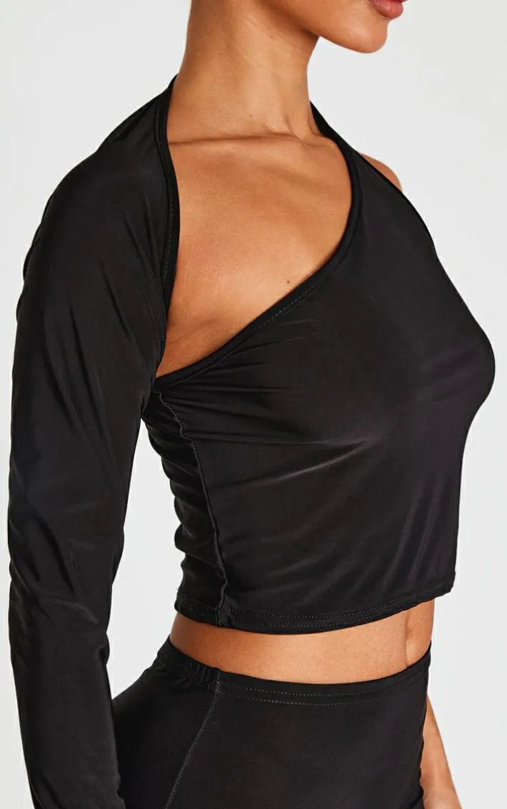 Petite Black Slinky One Shoulder Crop Top
