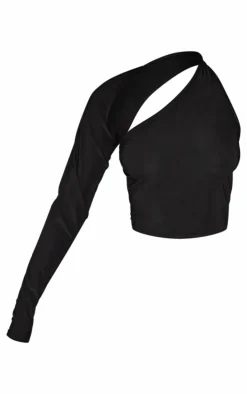 Petite Black Slinky One Shoulder Crop Top