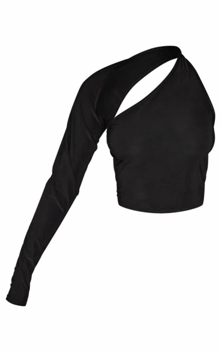 Petite Black Slinky One Shoulder Crop Top