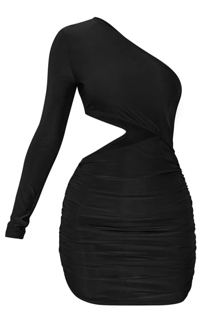 Petite Black Slinky One Shoulder Cut Out Ruched Bodycon Mini Dress