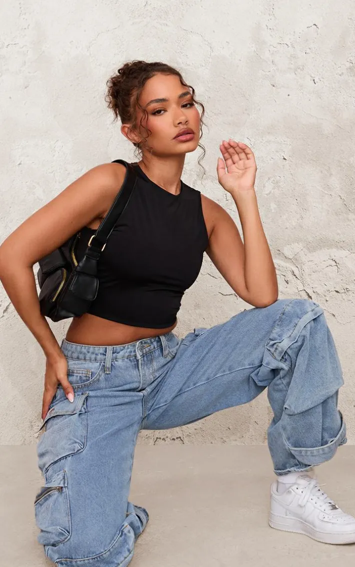 Petite Black Slinky Racer Crop Top