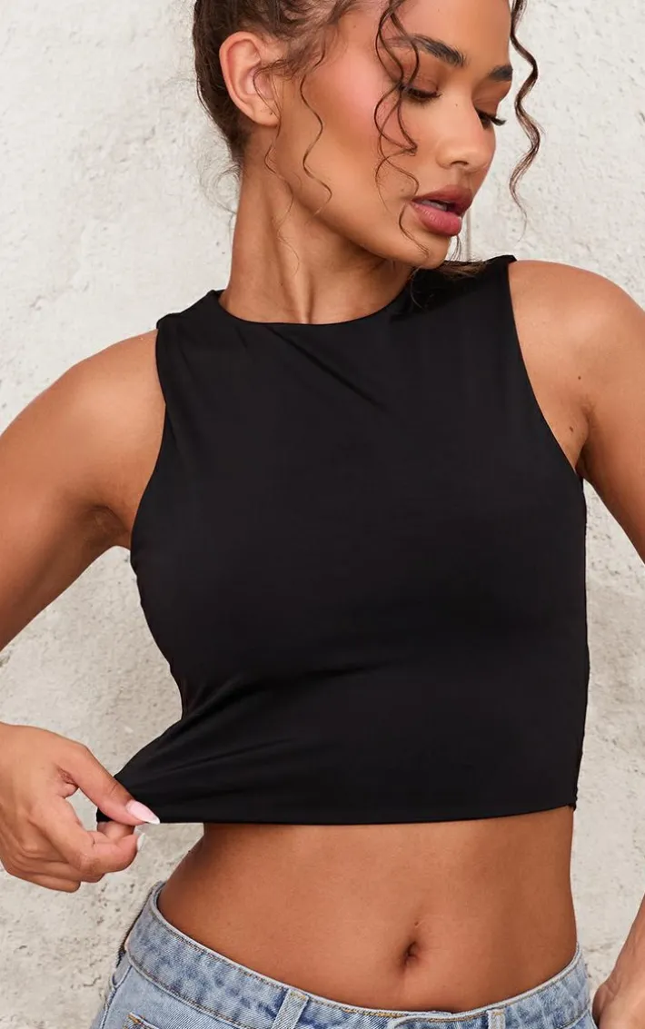 Petite Black Slinky Racer Crop Top