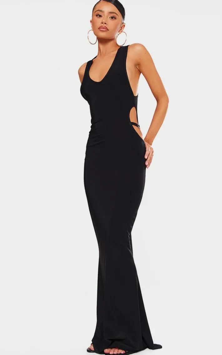 Petite Black Slinky Racer Neck Maxi Dress With Cut Out Belt Details