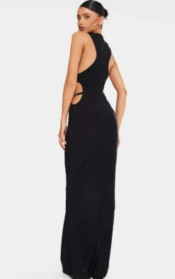 Petite Black Slinky Racer Neck Maxi Dress With Cut Out Belt Details