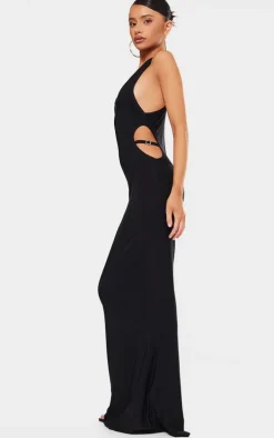 Petite Black Slinky Racer Neck Maxi Dress With Cut Out Belt Details