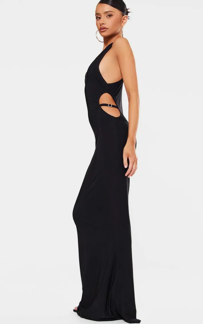 Petite Black Slinky Racer Neck Maxi Dress With Cut Out Belt Details
