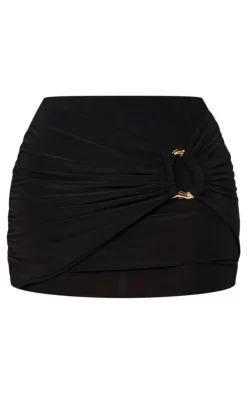 Petite Black Slinky Ring Detail Low Rise Micro Mini Skirt