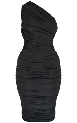 Petite Black Slinky Ruched One Shoulder Longline Midi Dr