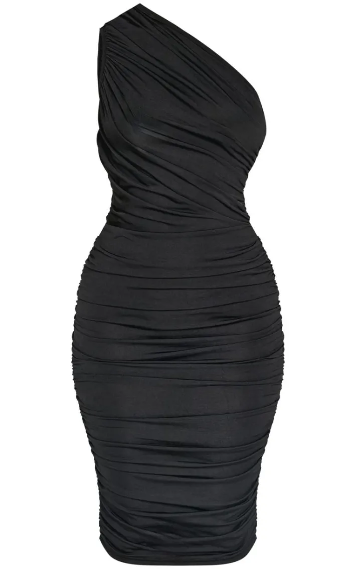 Petite Black Slinky Ruched One Shoulder Longline Midi Dr