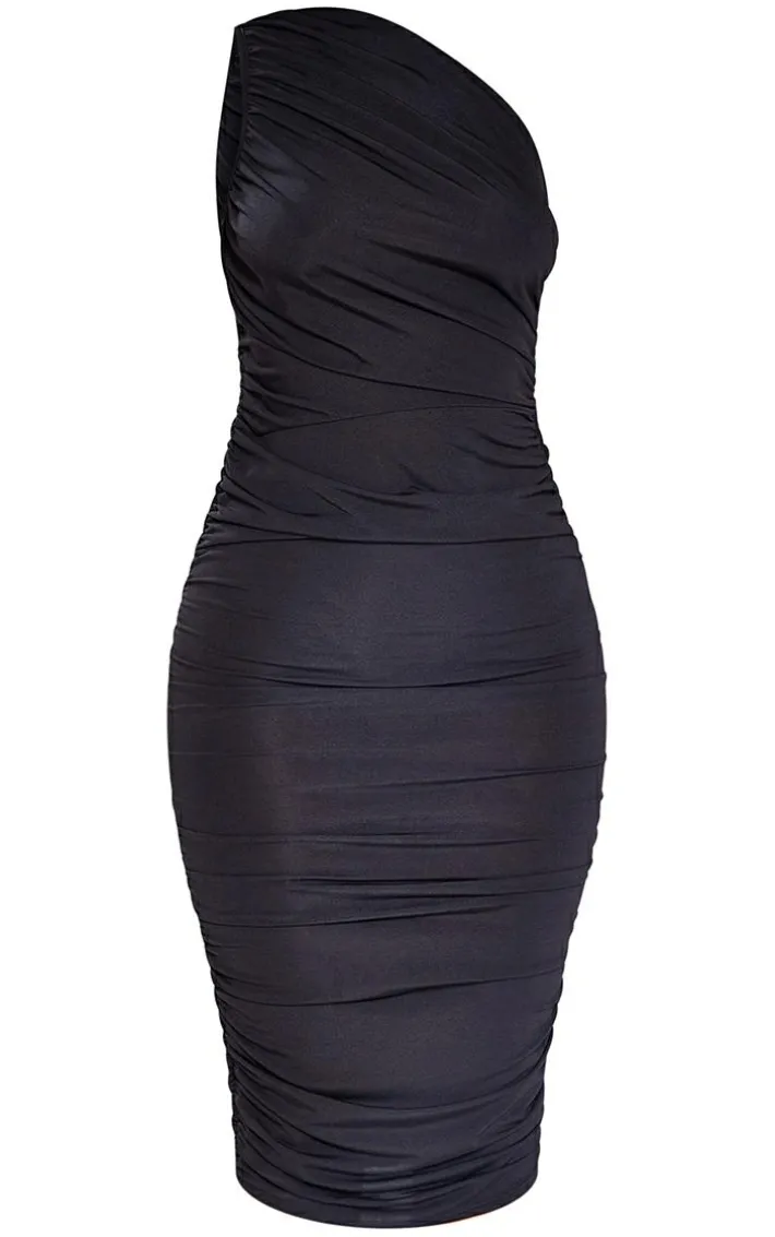 Petite Black Slinky Ruched One Shoulder Longline Midi Dr