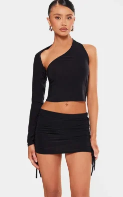 Petite Black Slinky Ruched Mini Skirt