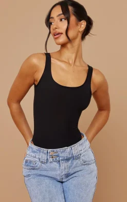 Petite Black Slinky Square Neck Thong Bodysuit