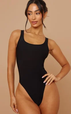 Petite Black Slinky Square Neck Thong Bodysuit