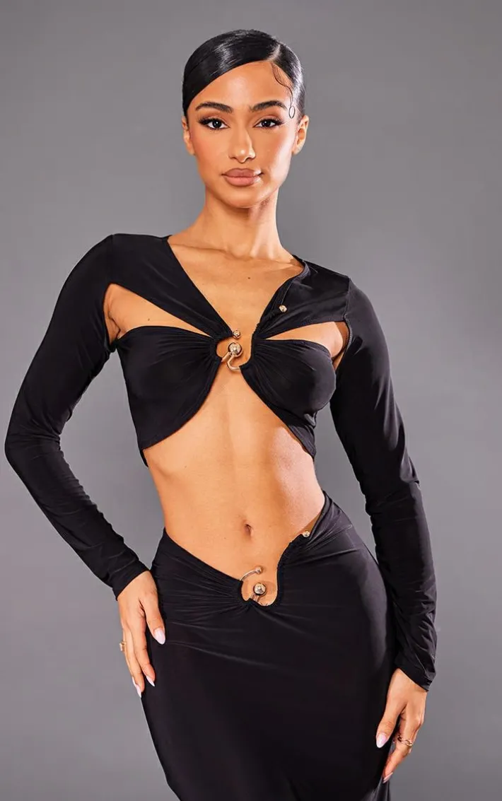 Petite Black Slinky Trim Detail Asymmetric Crop Top