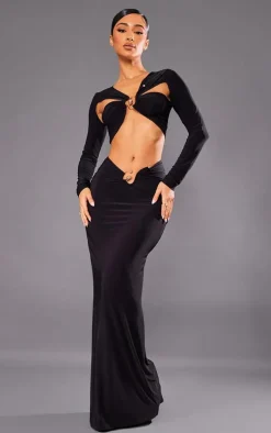 Petite Black Slinky Trim Detail Asymmetric Crop Top