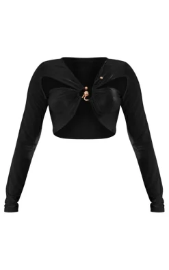 Petite Black Slinky Trim Detail Asymmetric Crop Top