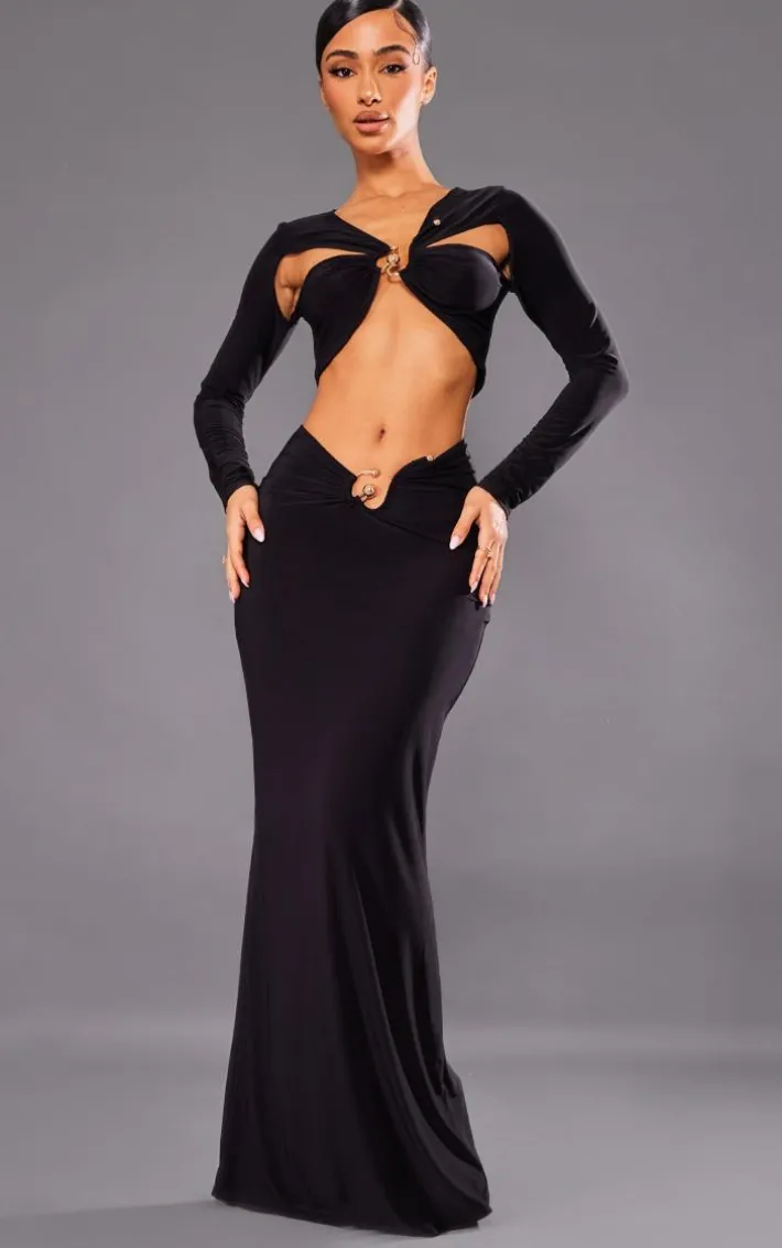 Petite Black Slinky Trim Detail Midaxi Skirt