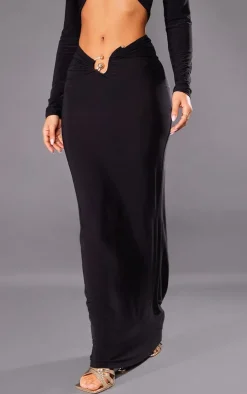 Petite Black Slinky Trim Detail Midaxi Skirt