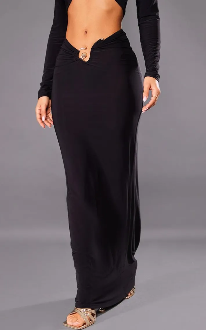 Petite Black Slinky Trim Detail Midaxi Skirt