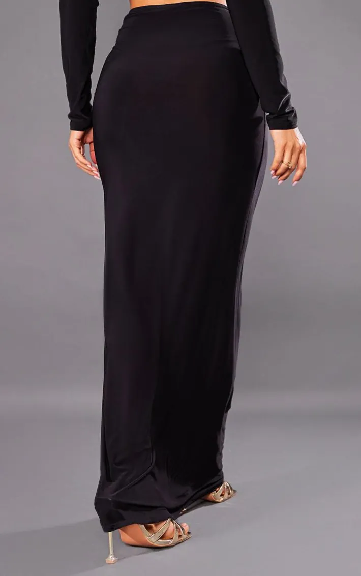 Petite Black Slinky Trim Detail Midaxi Skirt