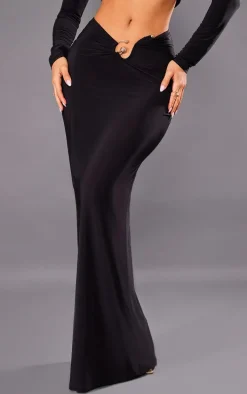 Petite Black Slinky Trim Detail Midaxi Skirt
