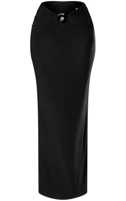 Petite Black Slinky Trim Detail Midaxi Skirt