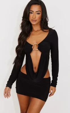 Petite Black Slinky Trim Detail Drape Longsleeve Crop Top