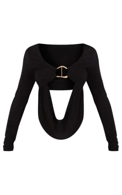 Petite Black Slinky Trim Detail Drape Longsleeve Crop Top