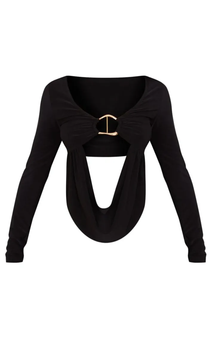 Petite Black Slinky Trim Detail Drape Longsleeve Crop Top