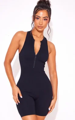 Petite Black Snatched Rib Zip Up Front Unitard